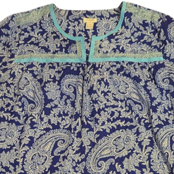 J. Crew Paisley Embroidered Top Peasant Pullover Size XL Cotton Blue White - Picture 2 of 7